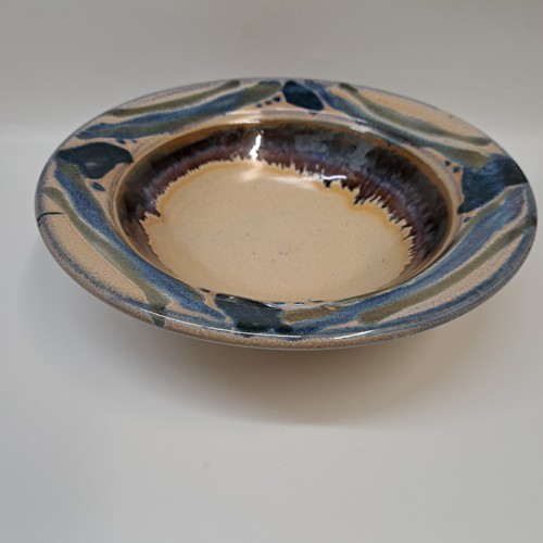 Click to view detail for #250520 Bowl, Tan with Blue Rim $22
